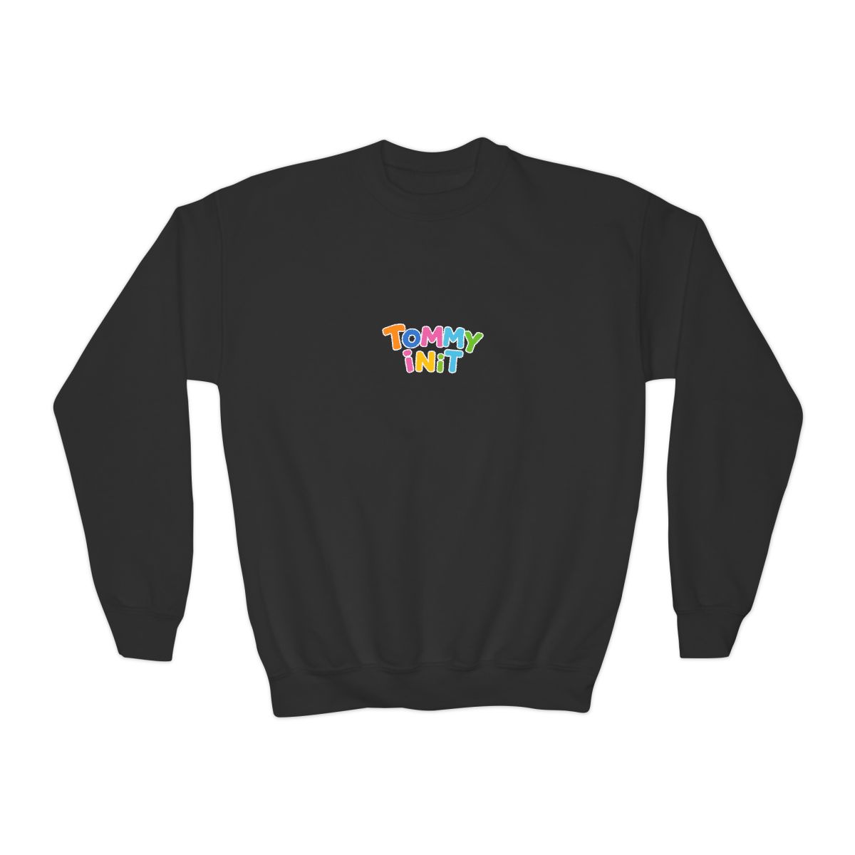 A blue sweatshirt with a colourful "Tommy Innit" graphic on the front. The back of the sweatshirt is plain blue. (Kids)